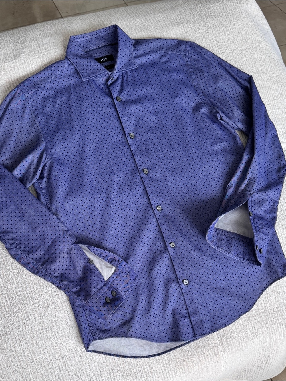 BOSS Men's Navy Dot-Pattern Dress Shirt Size M slim fit